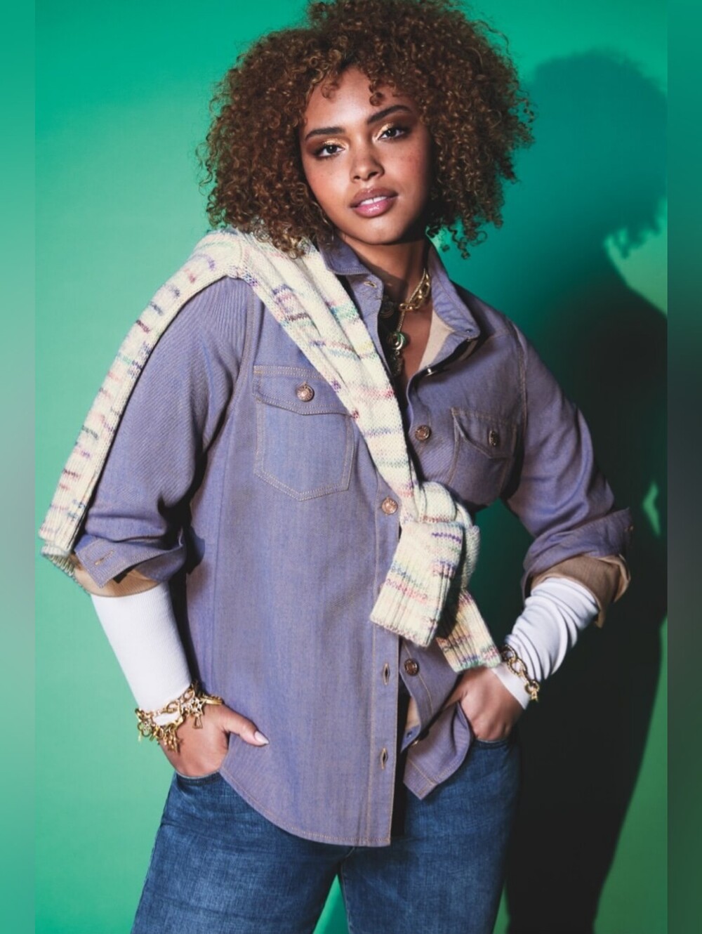 CAbi Workshop Stretch Denim Shirt Jacket Blue Snap Front Shacket Size L